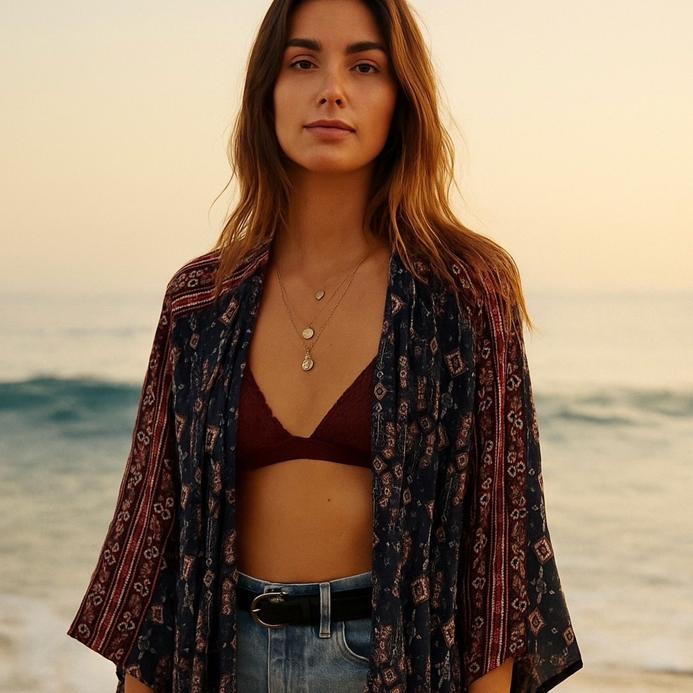 Hollister Bohemian Navy and Red Patterned Kimono, labeled XS/S but fits oversize
